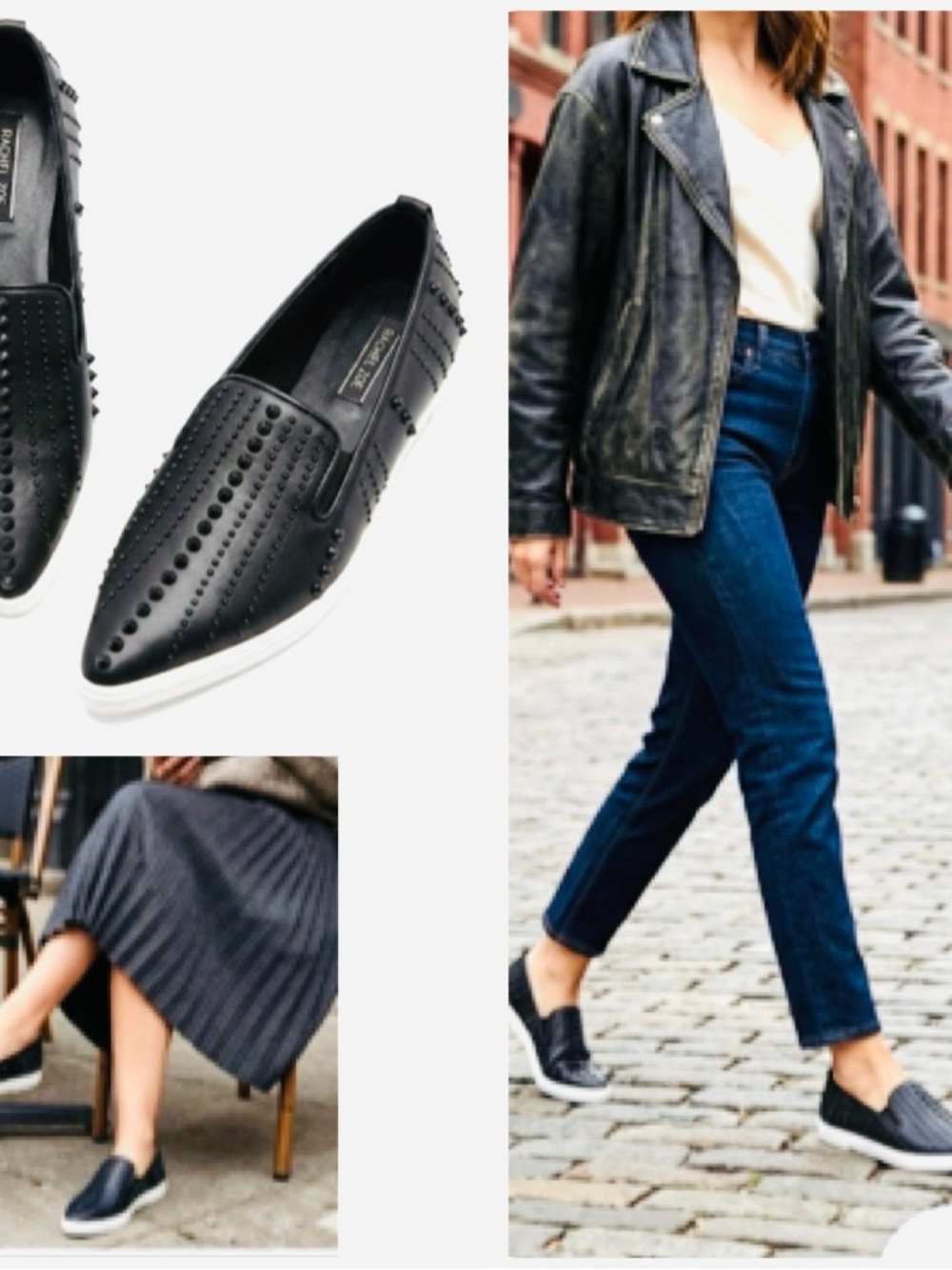 Rachel Zoe Leather Black Stud-Embellished Pointed Slip-On Sneakers‎